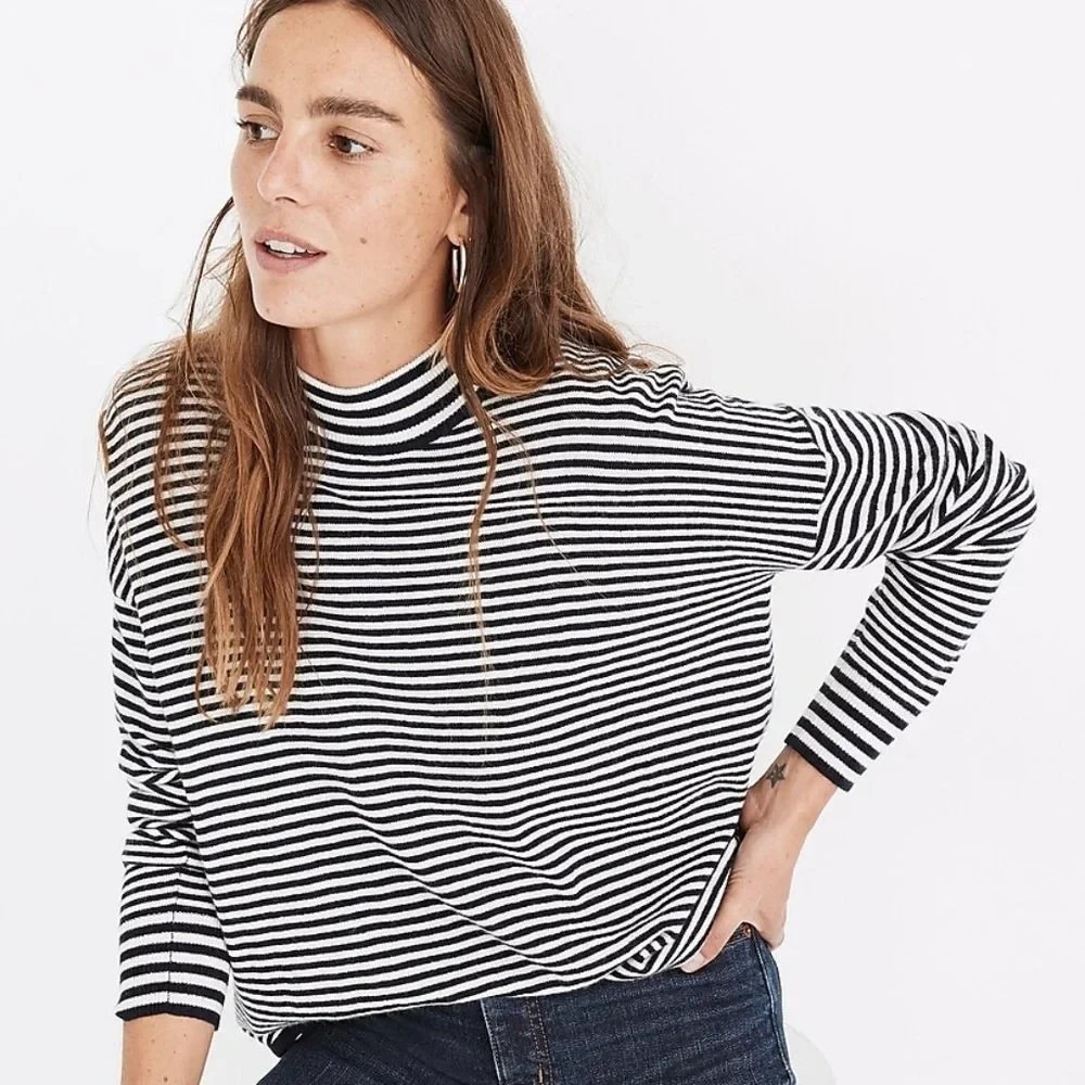 Madewell Ashbury Sweater Womens Small Black White Striped Merino Wool Alpaca
